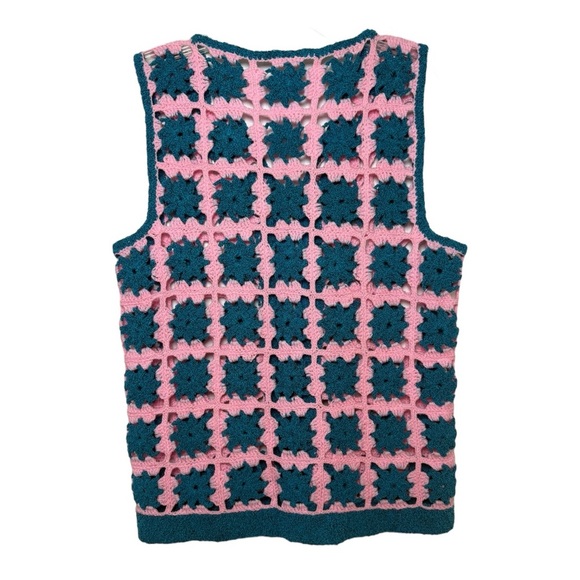 Vintage Handmade Crochet Granny Square Vest Size Med Lg Pink Teal - Picture 2 of 7
